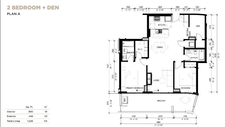 Plan A (2BR + Den) floor plan
