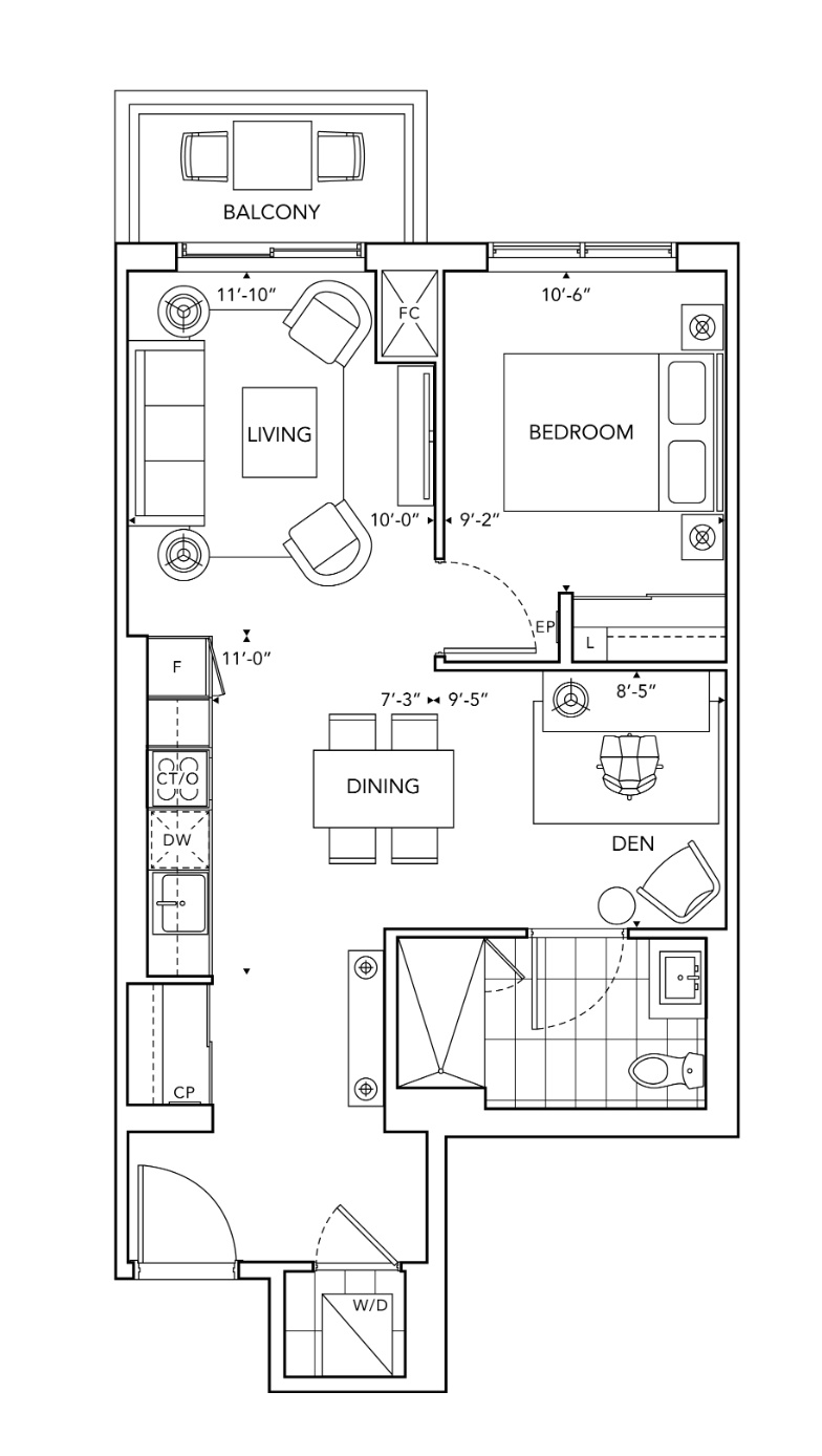 1BB+D floor plan